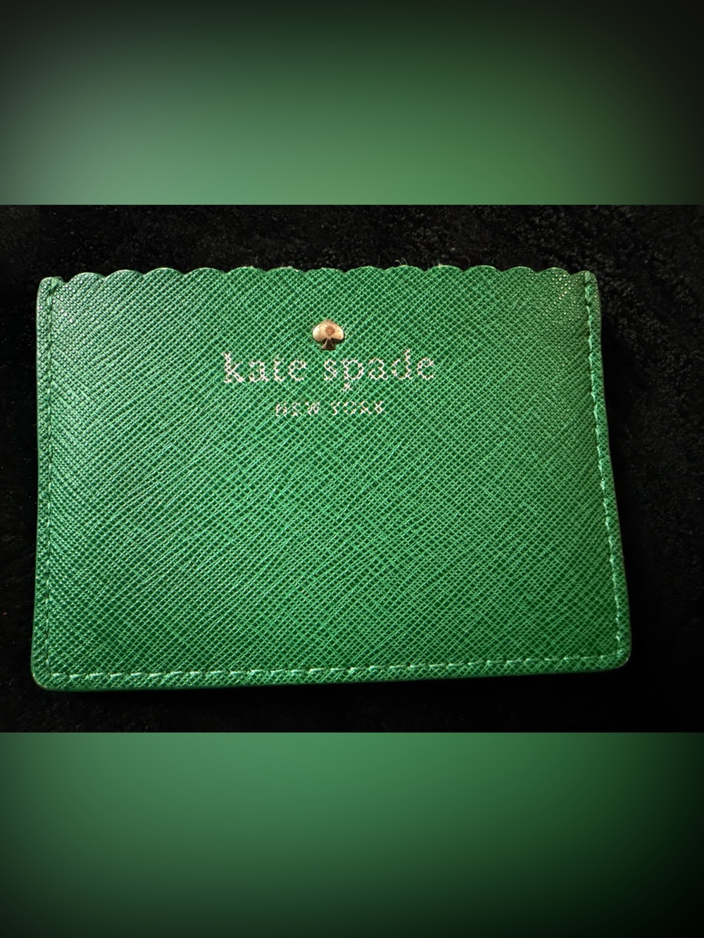 Kate Spade Emerald Green Scalloped Card Case with Gold Accent